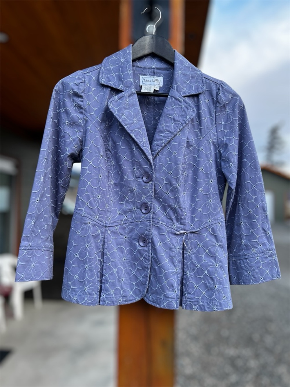 Live A Little Embroidered Blazer Jacket Purple Floral Lightweight Cotton Stretch